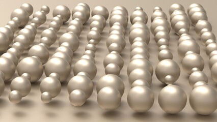 Random size many gold balls that are arranged under white lighting background. Conceptual 3D CG of blockchain, financial system and personal data analysis.