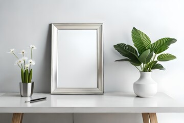 Blank picture frame mockup in the white table and vase isolated on interior with copy space