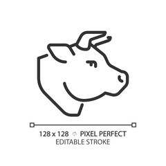 Beef pixel perfect linear icon. Cattle ranching. Fresh meat section. Cow head. Steak house. Deli product. Thin line illustration. Contour symbol. Vector outline drawing. Editable stroke