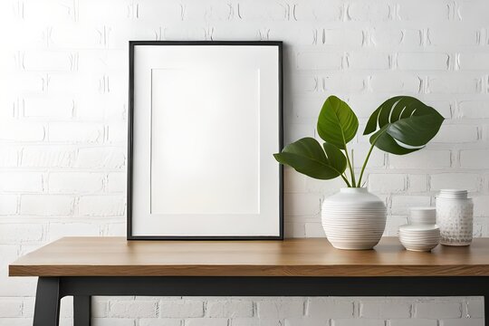 Black picture frame mockup in white interior with copy space for photo or print, blank frame mockup