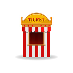 Cartoon carnival striped ticket booth kiosk isolated on white. Flat cinema, circus, theater, amusement park tent element with empty window. Entertainment and fun access purchase. Vector illustration - obrazy, fototapety, plakaty