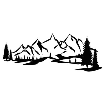 Schwarze Silhouette der Natur: Landschaft mit B&auml;umen und Bergen