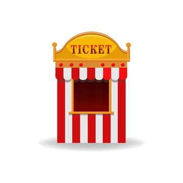 Cartoon carnival striped ticket booth kiosk isolated on white. Flat cinema, circus, theater, amusement park tent element with empty window. Entertainment and fun access purchase. Vector illustration