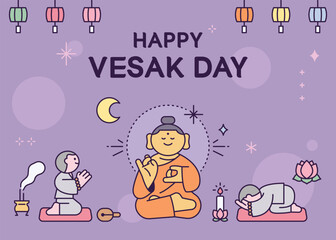 Fototapeta premium Buddha’s Birthday. The monks are praying to the Buddha statue and chanting Buddhist prayers. Holiday festival event poster.