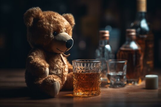 Alcoholic teddy bear portraying child drinking whiskey alone. Childhood alcoholism. Generative AI