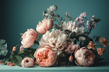 Contemporary luxury floral design on pastel background inspired by Rachel Ruysch artwork. Generative AI