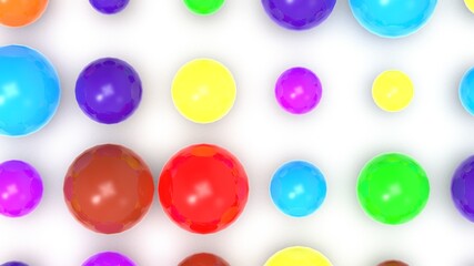 Random size many colorful balls that are arranged under white lighting background. Conceptual 3D CG of blockchain, financial system and personal data analysis.