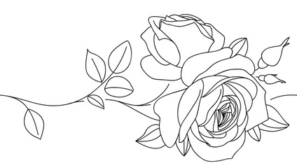 Abstract seamless decorative horizontal border element with rose and leaf. Beautiful blossoming hand drawn flower on white background. Line art for frame design. Vector stock illustration	 - 597391353