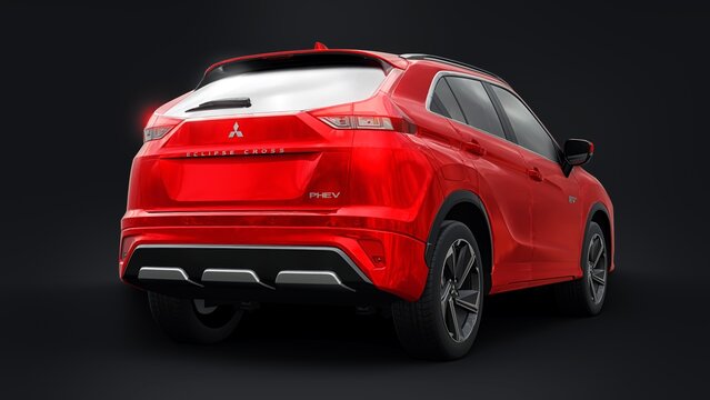 San Diego, USA. March 31, 2023. Red Mitsubishi Eclipse Cross PHEV 2022 on a black background. Hybrid SUV car. 3d rendering