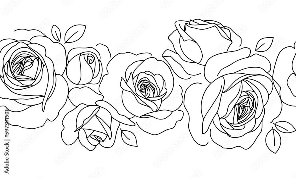 Aufkleber Abstract horizontal seamless pattern with line art roses. Decorative floral element for frame design. Vintage hand drawn flower and bud isolated on white background. Vector stock illustration	
