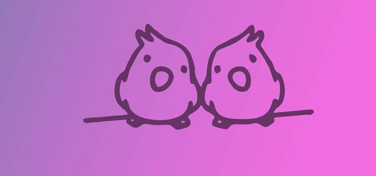  cartoon illustration that depicted 2 sparrows at a tree branch image on a bright pink gradient background