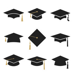 Graduation flat hats icons. Vector set
