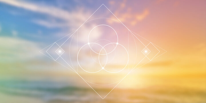 Flower of life. Tree of life. Sacred geometry spiritual new age futuristic illustration with transmutation interlocking circles, triangles and glowing particles