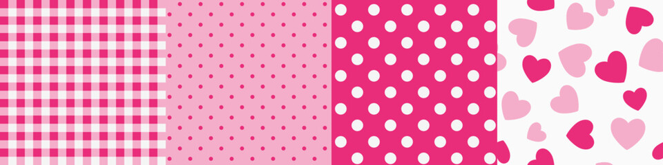 Set of decorative seamless red and pink pattern plaid, polka dot and heart shape. Vector illustration. Wrapping template for Mother's day gift.	