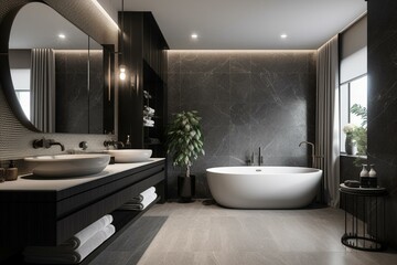 Naklejka na ściany i meble Modern bathroom with must-have features. Generative AI