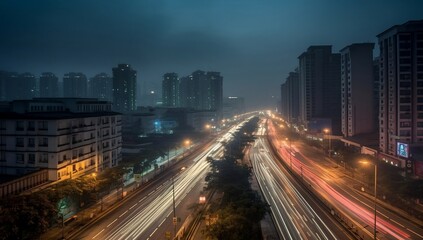 Highways and high-rises in Fuzhou shine at night