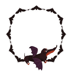 Spooky Halloweeen Frame with bats and dachshund.