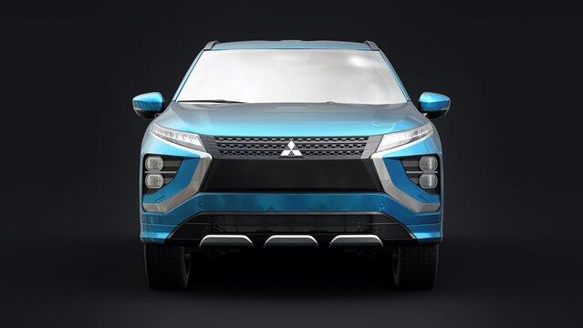 San Diego, USA. March 31, 2023. Blue Mitsubishi Eclipse Cross PHEV 2022 on a black background. Hybrid SUV car. 3d rendering