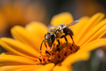 Bee on a yellow flowers in spring, pollinating. generate by ai