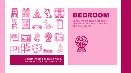 bedroom room kid interior icons set vector