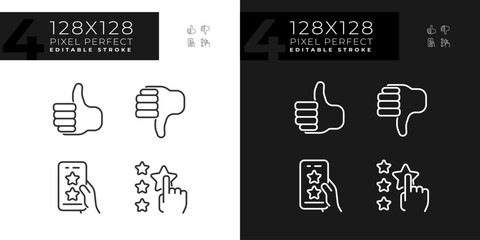 Rating of customer service pixel perfect linear icons set for dark, light mode. Online reaction on products. Thin line symbols for night, day theme. Isolated illustrations. Editable stroke