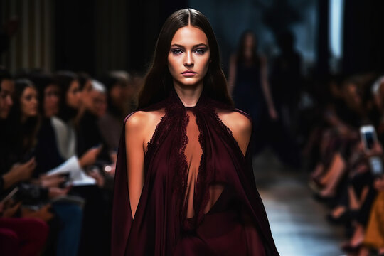 A model girl walks down the catwalk in a dress at a fashion show.Generative AI illustration. Fashion Week.