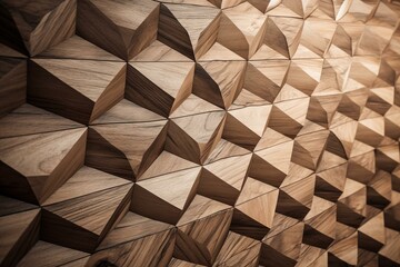 3D wall tiles made of natural triangular blocks on a wooden background. Generative AI