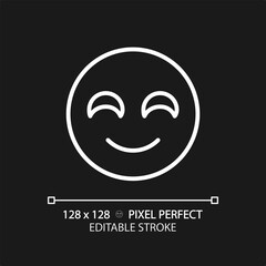 Smiling emoji pixel perfect white linear icon for dark theme. Positive reaction on product. Happy face. Satisfied service user. Thin line illustration. Isolated symbol for night mode. Editable stroke
