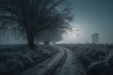 Snowy winter scene with road and trees. Generative AI