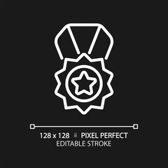 Medal pixel perfect white linear icon for dark theme. Reward for high quality service. Product rating performance. Best service. Thin line illustration. Isolated symbol for night mode. Editable stroke