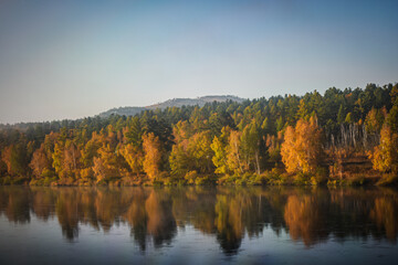 photo of the autumn forest, which stands on the river bank, autumn landscape, photo from the train window