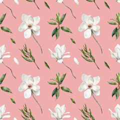 seamless pattern with magnolia flowers on pink background