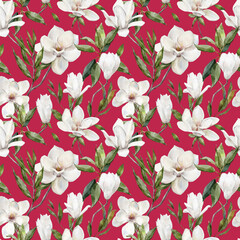 seamless pattern with white magnolia flowers on Viva Magenta background