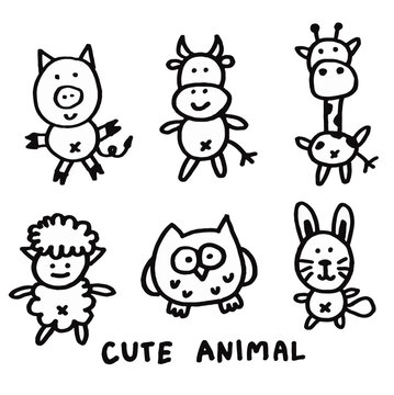 Set of Cute Animal, Pig, Cow, Giraffe, Sheep, Owl, Rabbit, Doodle Cartoon Hand drawn