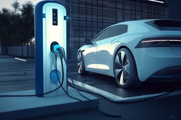 Fototapeta na wymiar Charging station and electric car, 3D render in blue and white. Generative AI