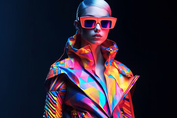 A model girl walks down the catwalk in a bright abstract outfit at a fashion show.Generative AI illustration. Fashion Week.