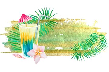Watercolor illustration on a tropical theme. Drawing a multicolored drink in a glass and a Hawaiian flower.Hawaii