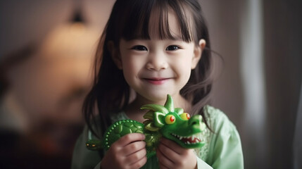 A cute Asian girl holds a Green Chinese Traditional Dragon toy in her hands as a symbol of the New Year, generated by AI