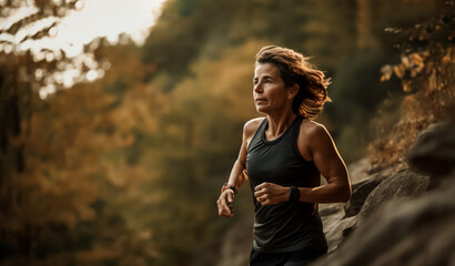 Adult woman running or jogging in nature, looking fit and in good shape. Maybe in her 40ies or 50ies. Concept of fitness, health and exercise. Shallow field of view, Illustrative Generative AI. 