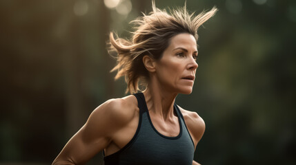 Adult woman running or jogging in nature, looking fit and in good shape. Maybe in her 40ies or 50ies. Concept of fitness, health and exercise. Shallow field of view, Illustrative Generative AI. 