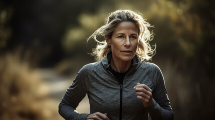 Adult woman running or jogging in nature, looking fit and in good shape. Maybe in her 40ies or 50ies. Concept of fitness, health and exercise. Shallow field of view, Illustrative Generative AI. 