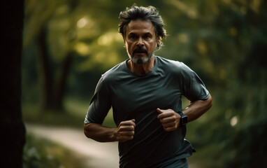 Fit adult man jogging  or running in nature, maintaining fitness and a healthy lifestyle, shallow depth of field, Illustrative Generative AI. Not a real Person.