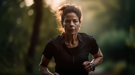 Adult woman running or jogging in nature, looking fit and in good shape. Maybe in her 40ies or 50ies. Concept of fitness, health and exercise. Shallow field of view, Illustrative Generative AI. 