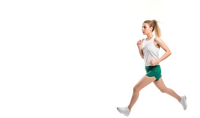 Young woman running or jogging. Concept of exercise and health. Isolated on white background with copy space. Shallow field of view. Illustrative Generative AI. Not a real person.