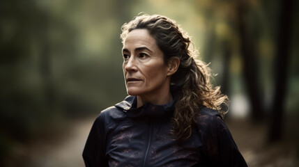 Adult woman running or jogging in nature, looking fit and in good shape. Maybe in her 40ies or 50ies. Concept of fitness, health and exercise. Shallow field of view, Illustrative Generative AI. 