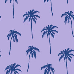 Fototapeta na wymiar Palm trees monochrome seamless pattern for fabric, beachwear, stationery, wallpaper, planner art or print material. Lavender haze and galactic cobalt colours.