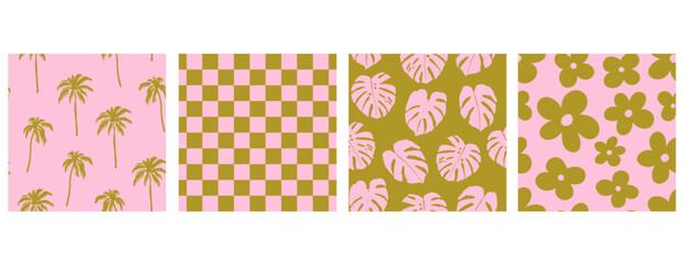 Set of tropical beach seamless patterns with monstera plant leaves, palm trees, flowers and checkerboard ornament. Fondant pink and cyber lime colours.