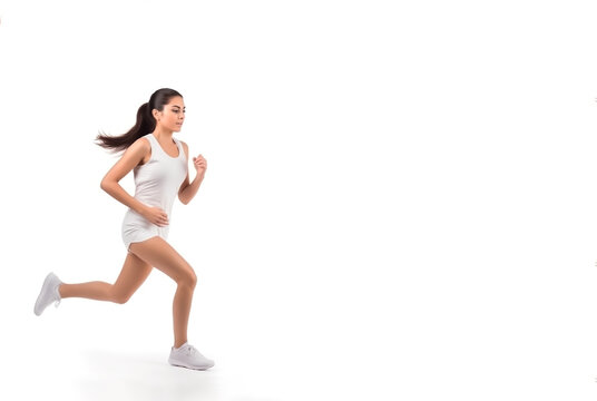 Young beautiful woman Running or jogging. Concept of exercise and health. Isolated on white background with copy space. Shallow field of view. Illustrative Generative AI. Not a real person.