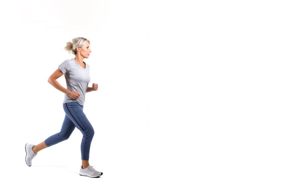 Woman running or jogging. Concept of exercise and health. Isolated on white background with copy space. Shallow field of view. Illustrative Generative AI. Not a real person.