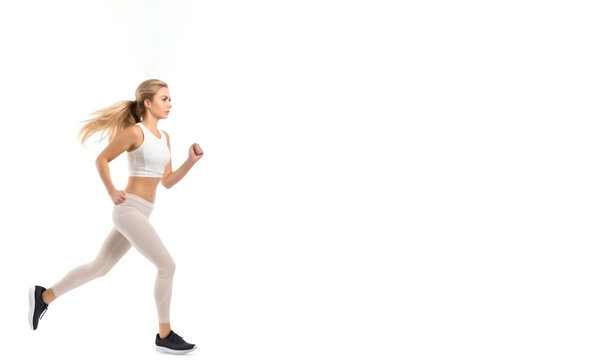 Young Woman running or jogging. Concept of exercise and health. Isolated on white background with copy space. Shallow field of view. Illustrative Generative AI. Not a real person.